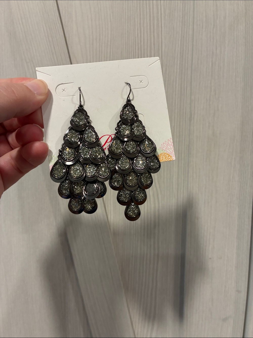 Premier Designs Gunmetal Glitter Teardrop Dangle Earrings